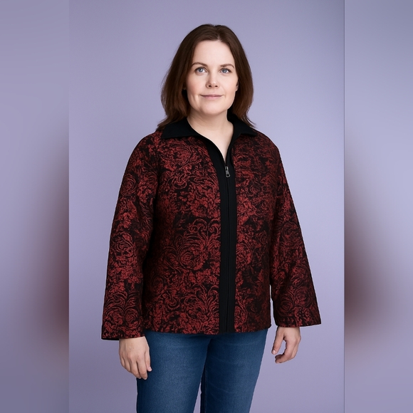 DRAPERS & DAMONS Christmas Party XL Holiday Black Red Patterned Blazer Jacket - Picture 1 of 9